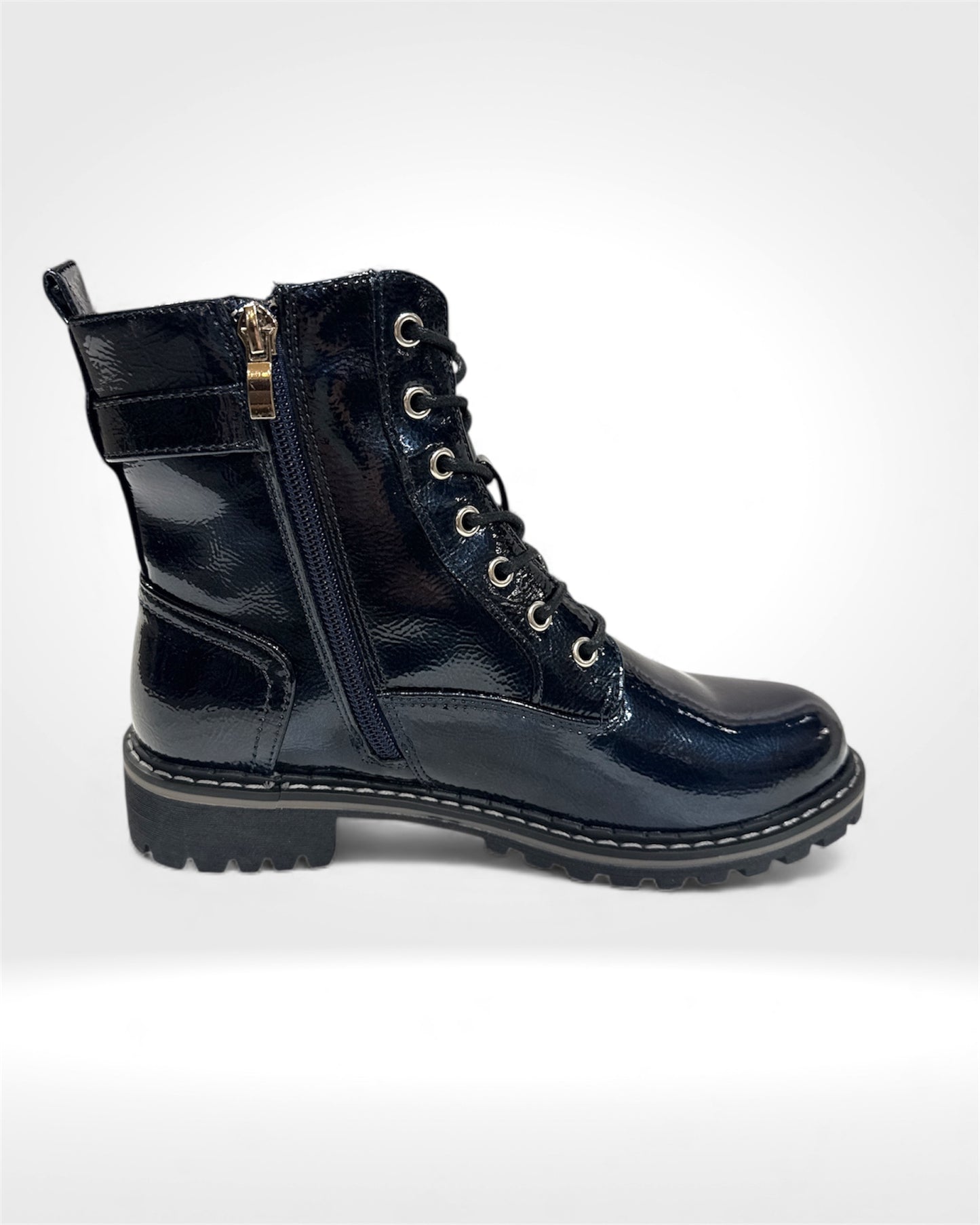 Navy Patent Lace-Up Combat Boots