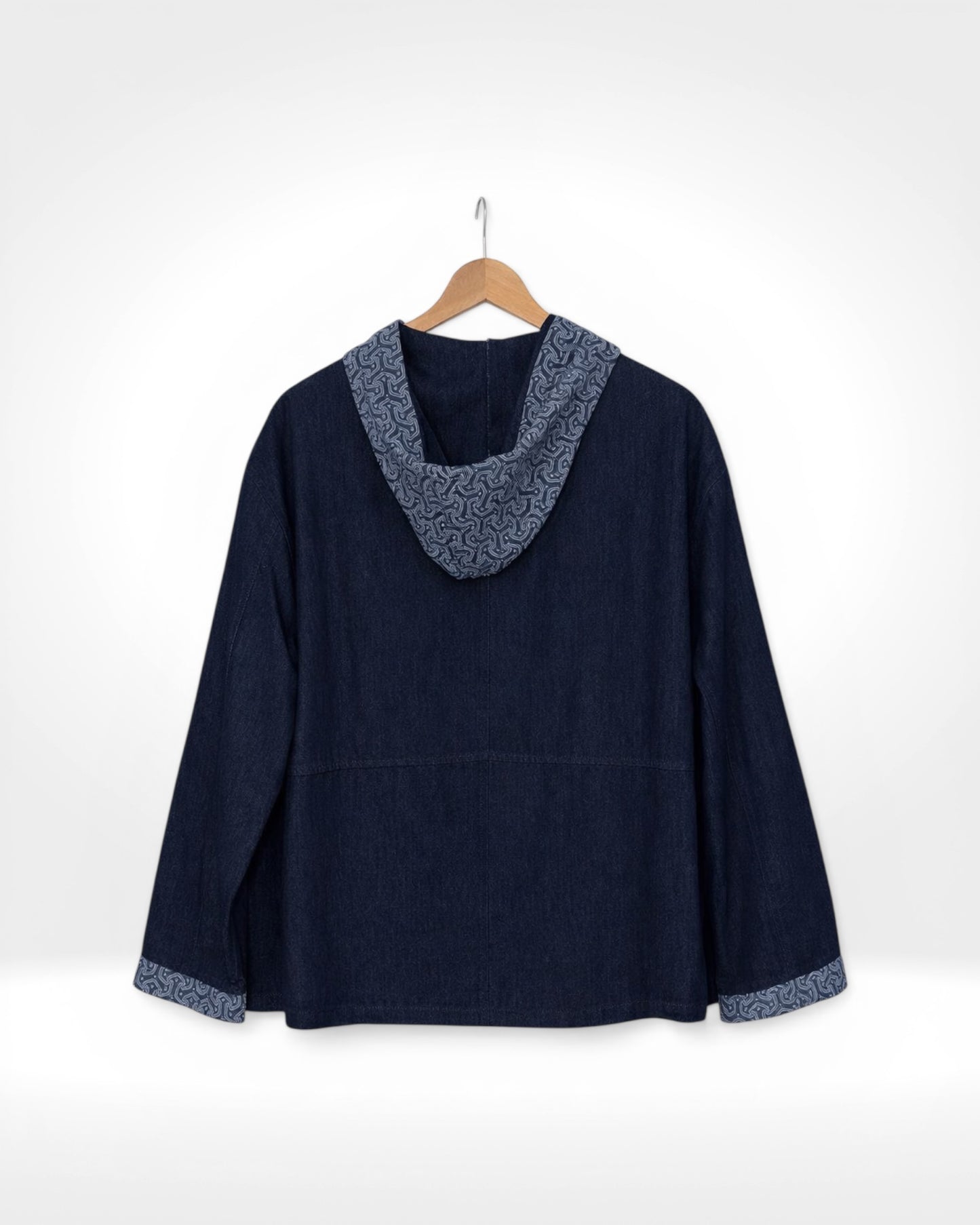 Indigo Pattern Trim Hooded Denim Jacket (Bella Blue)