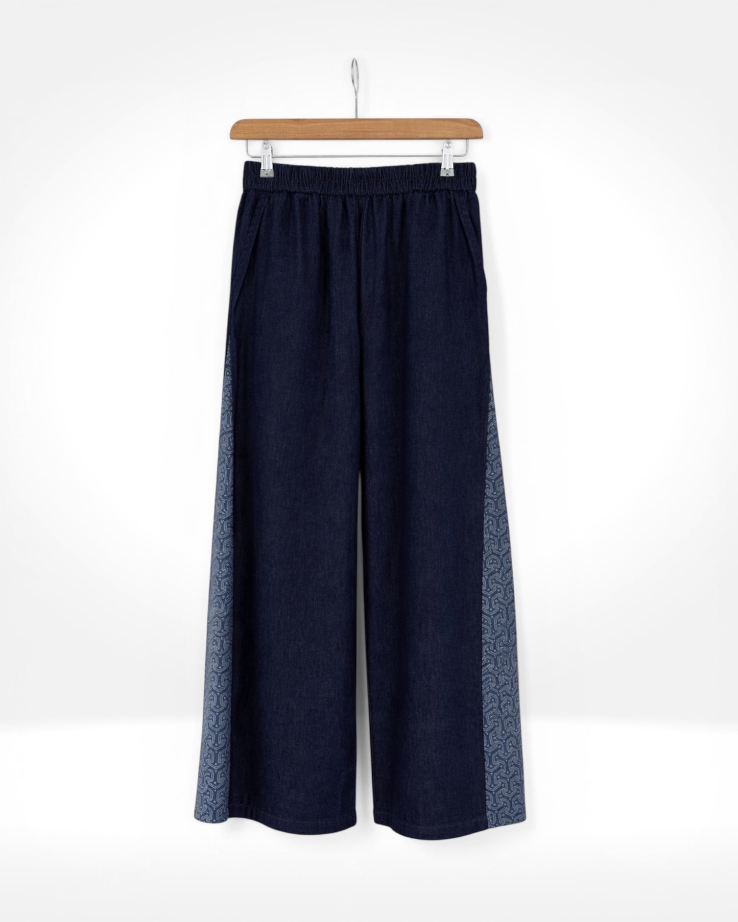 Indigo Pattern Panel Wide-Leg Denim Trousers (Bella Blue)