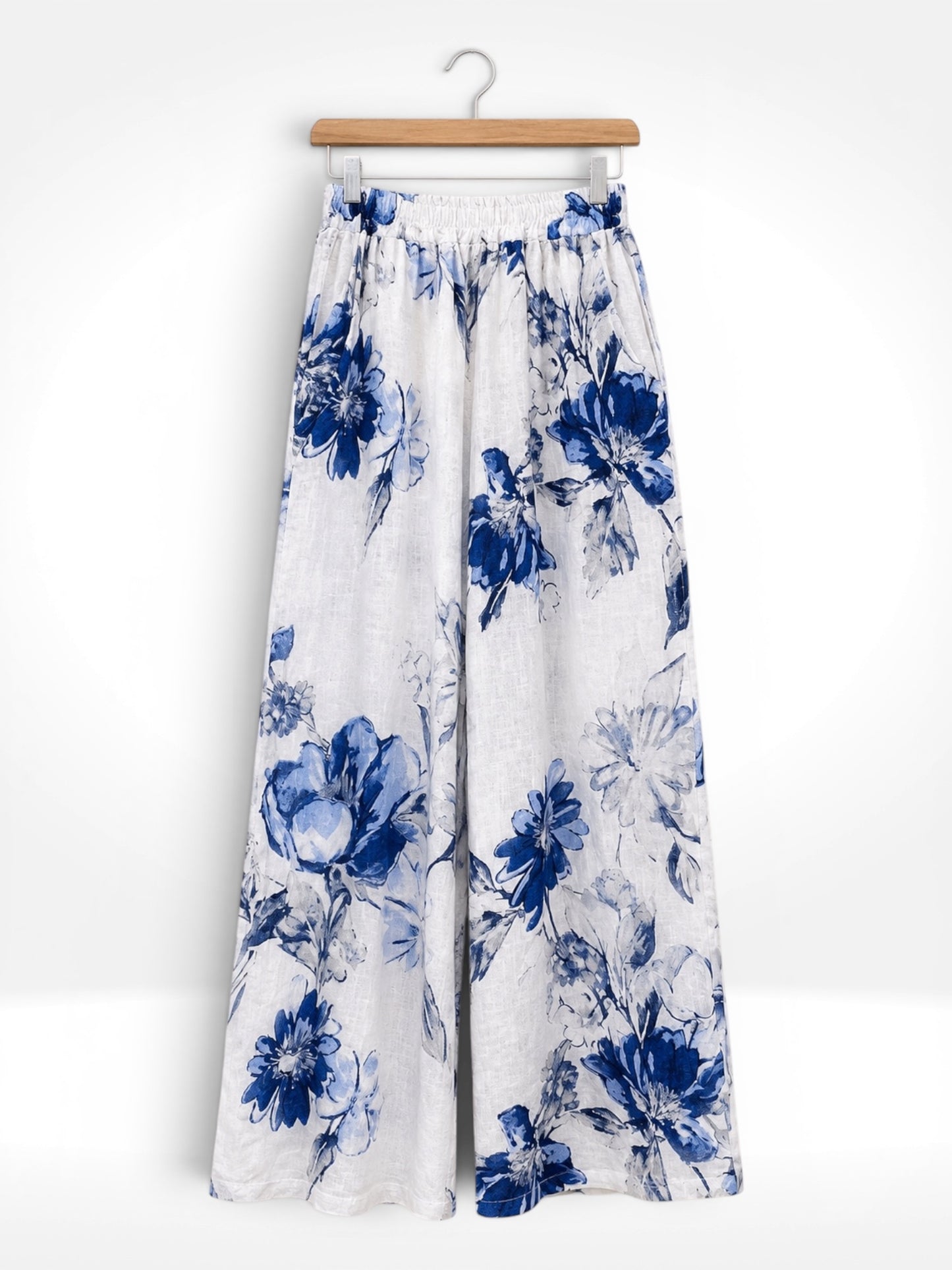Italian Blue Blossom Linen Wide-Leg Trousers