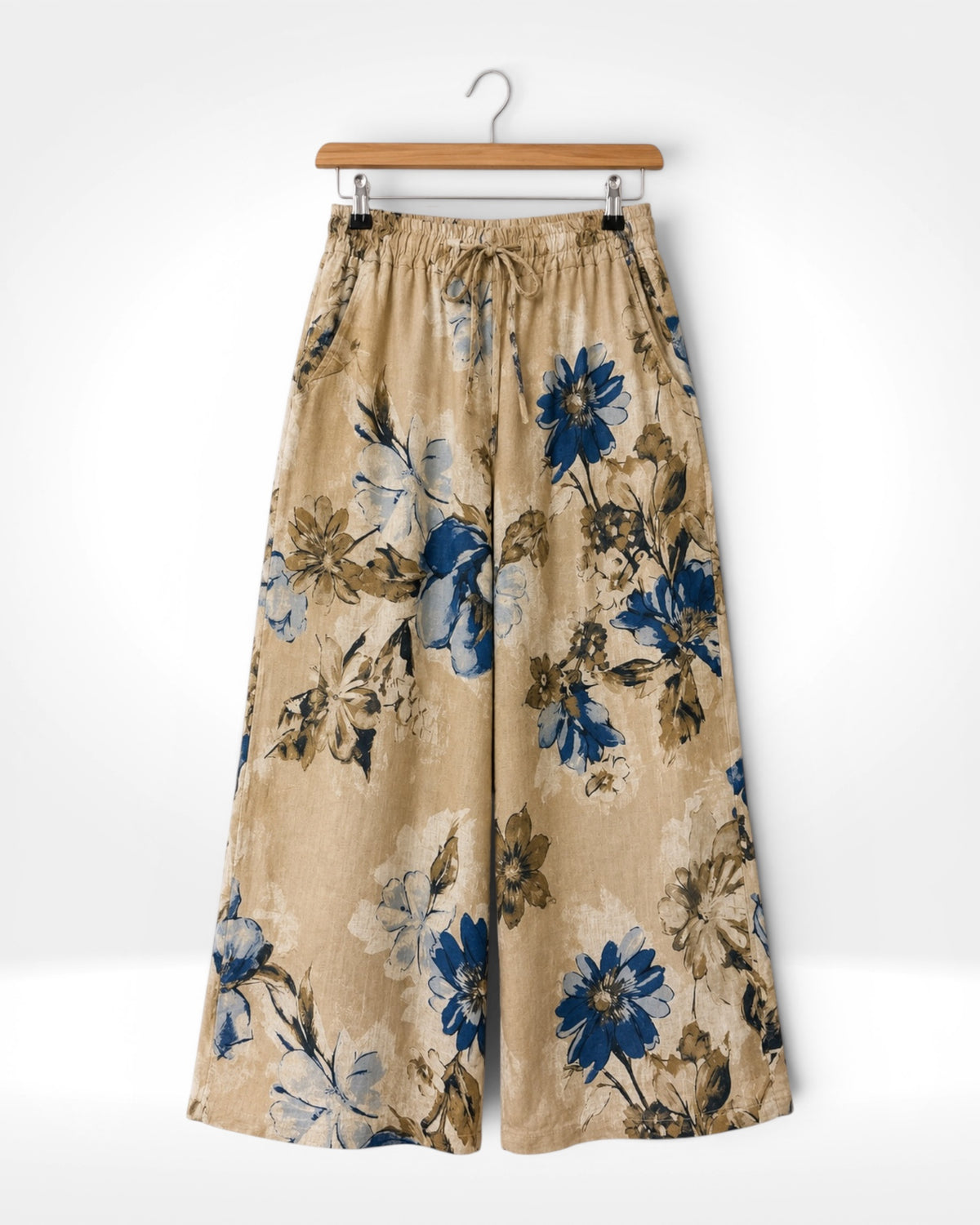 Italienische Leinenhose mit weitem Bein und blauer Blütenstickerei