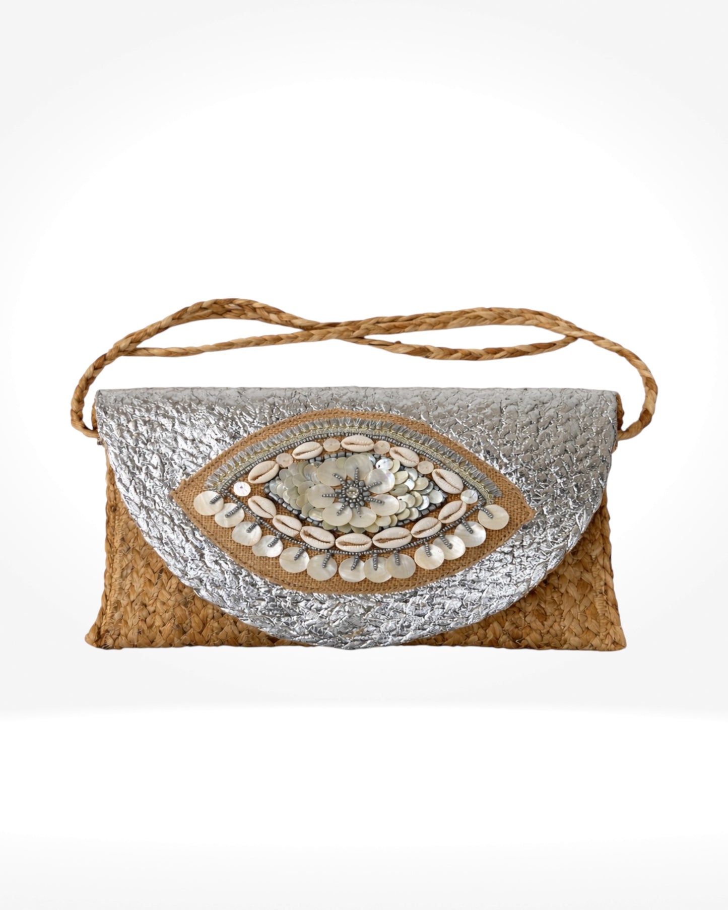 Silver Shell Eye Woven Clutch Bag
