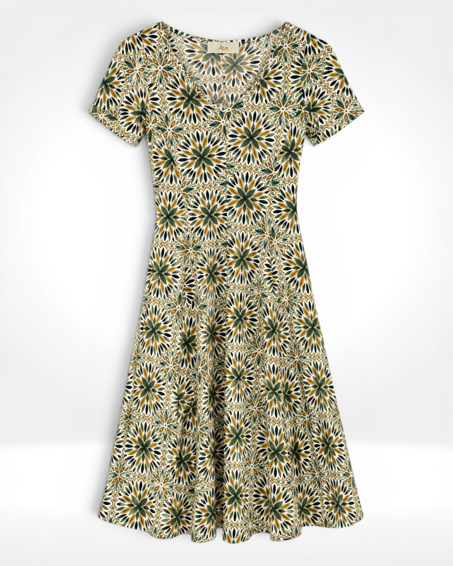 Olive Mosaic Fit & Flare Dress
