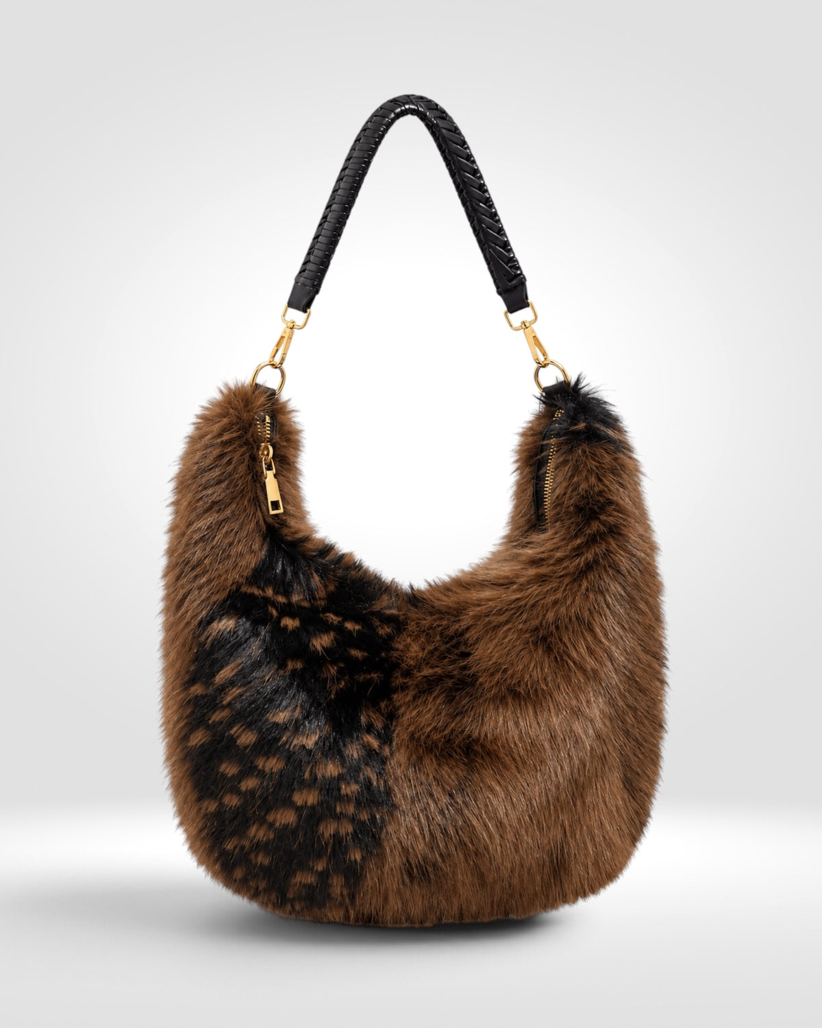 Luxury Brown & Black Faux Fur Hobo Shoulder Bag