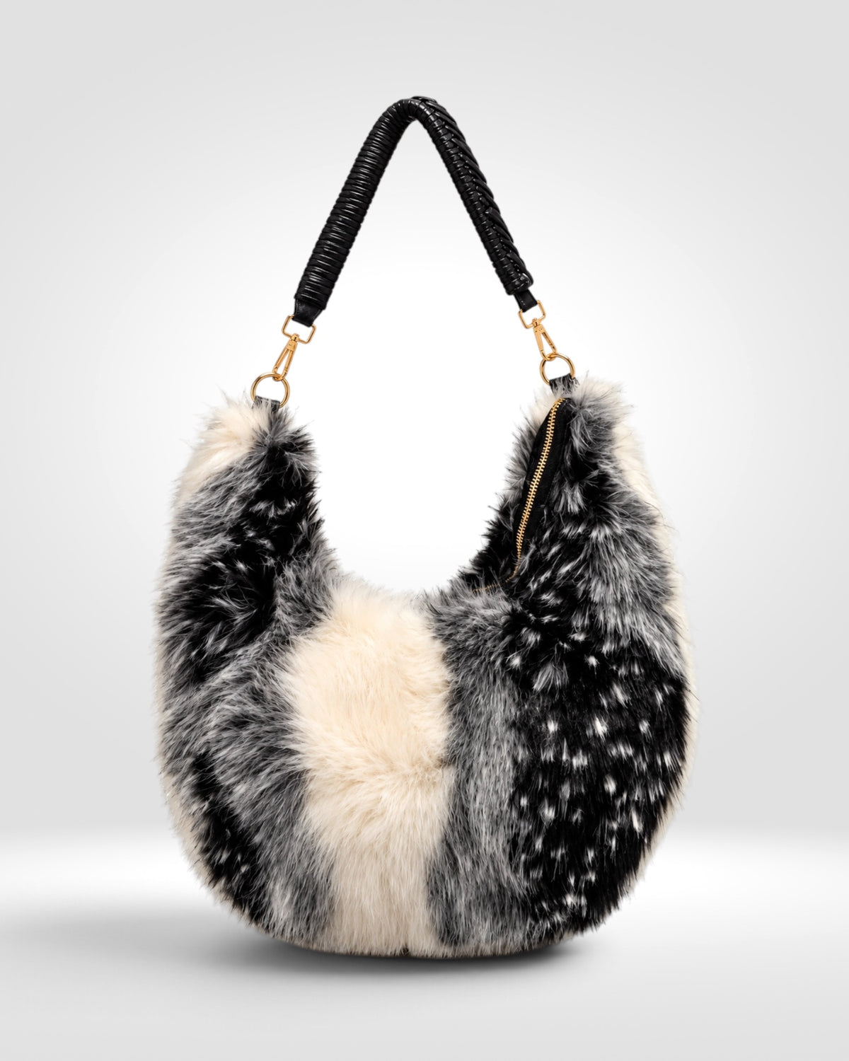Luxury Monochrome Faux Fur Hobo Shoulder Bag with Woven Handle