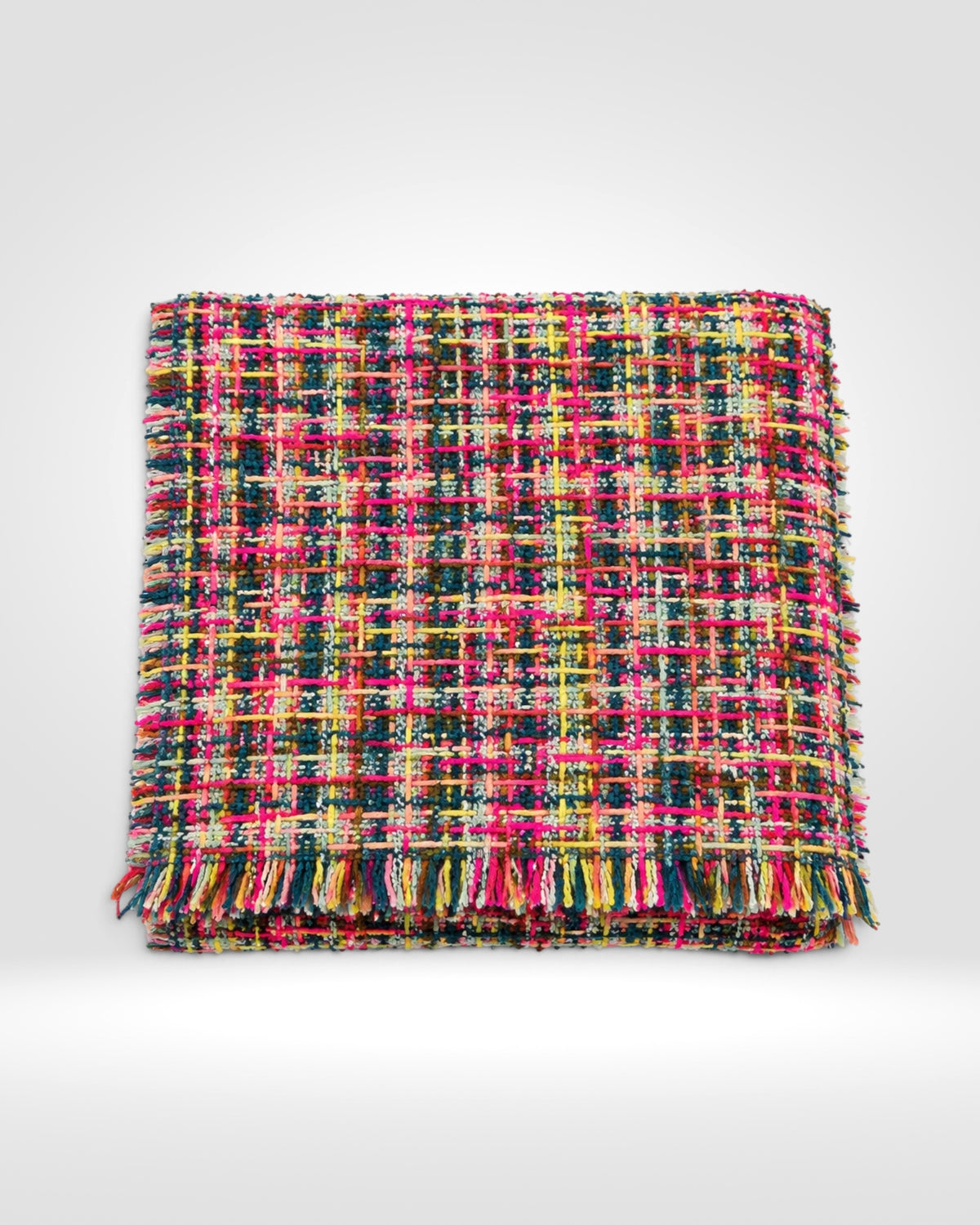 Multicolour Tweed Fringe Scarf – Navy & Pink