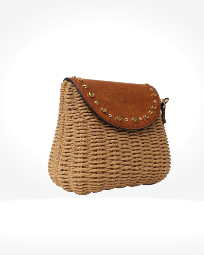 Natural Woven Stud Detail Crossbody Bag
