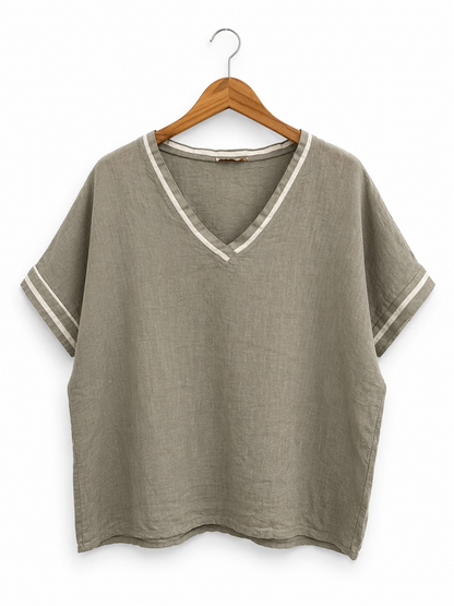 Stripe Trim Linen Top