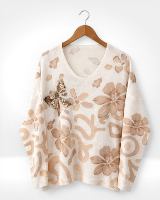 Floral Sequin Bow Knit Sweater