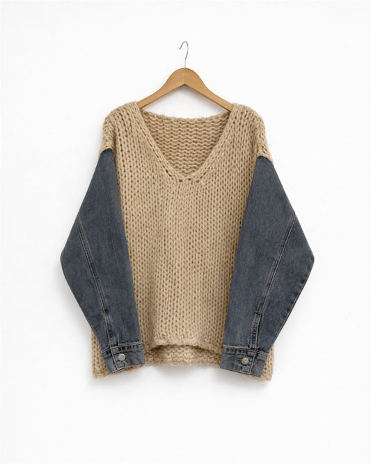 Italian Knit Denim-Sleeve Jumper