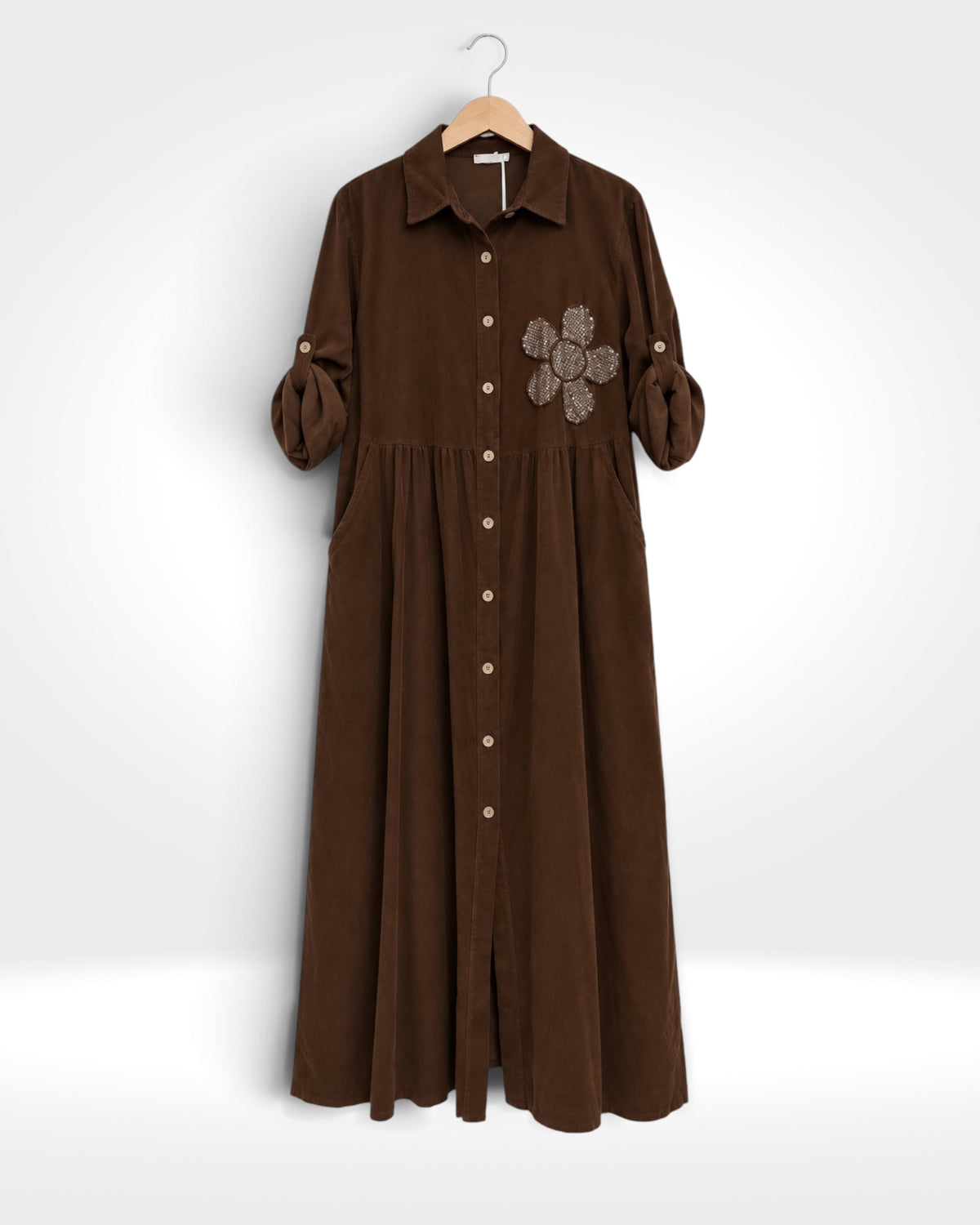 Fiore Sequin Flower Fine Cord Maxi Shirt Dress