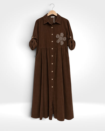 Fiore Sequin Flower Fine Cord Maxi Shirt Dress