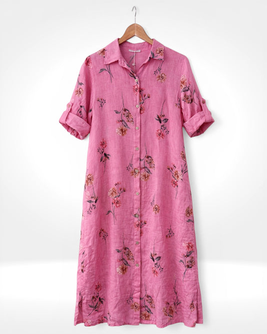 Robe chemise boutonnée en lin à imprimé floral
