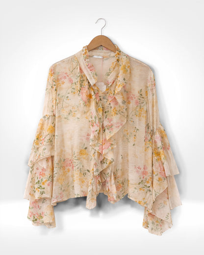 Vintage Bloom Ruffle Front Blouse