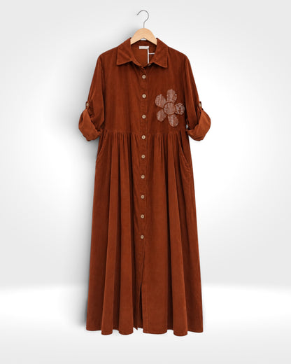 Fiore Sequin Flower Fine Cord Maxi Shirt Dress