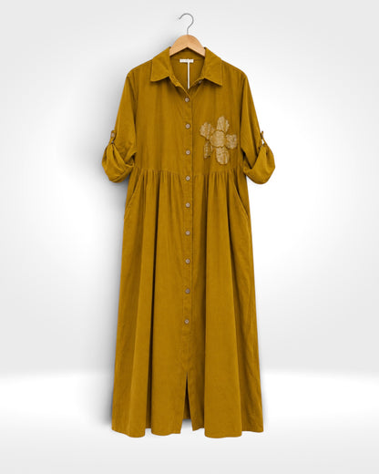 Fiore Sequin Flower Fine Cord Maxi Shirt Dress