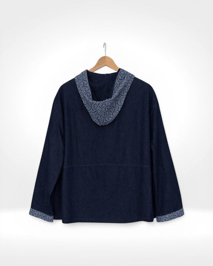 Indigo Pattern Trim Hooded Denim Jacket (Bella Blue)