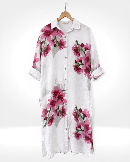 Robe-chemise en lin motif fleur de lin