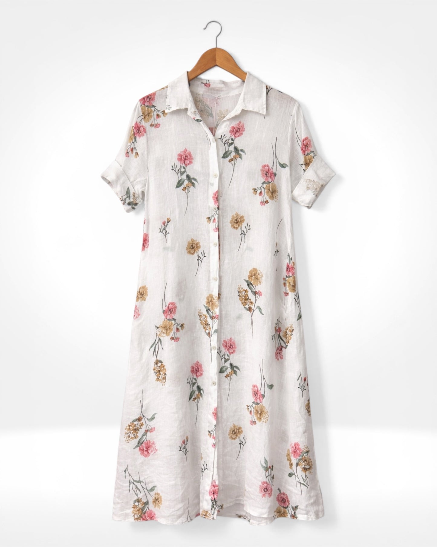 Robe chemise boutonnée en lin à imprimé floral