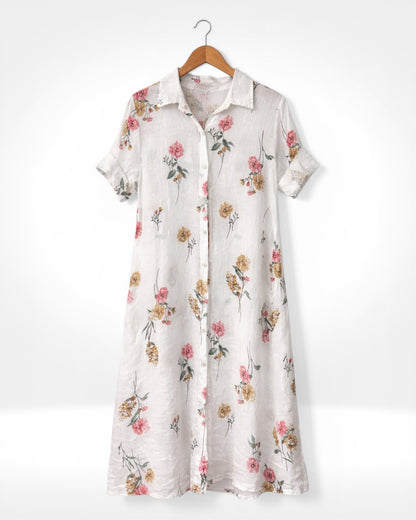 Robe chemise boutonnée en lin à imprimé floral