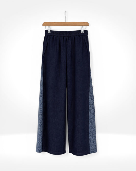 Indigo Pattern Panel Wide-Leg Denim Trousers (Bella Blue)