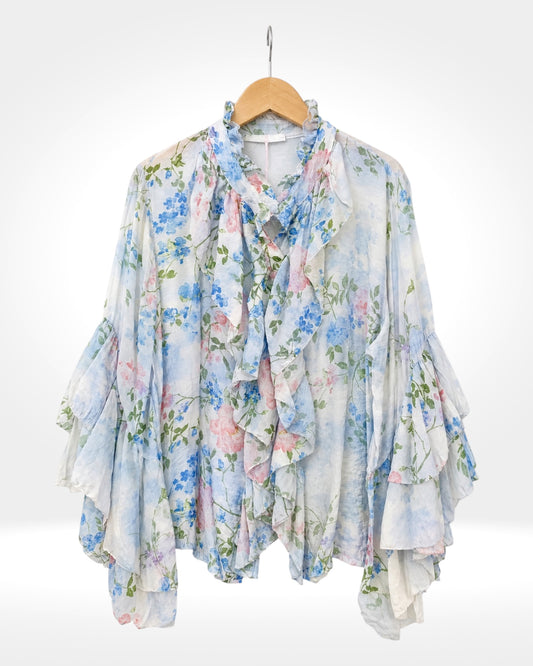 Vintage Bloom Ruffle Front Blouse
