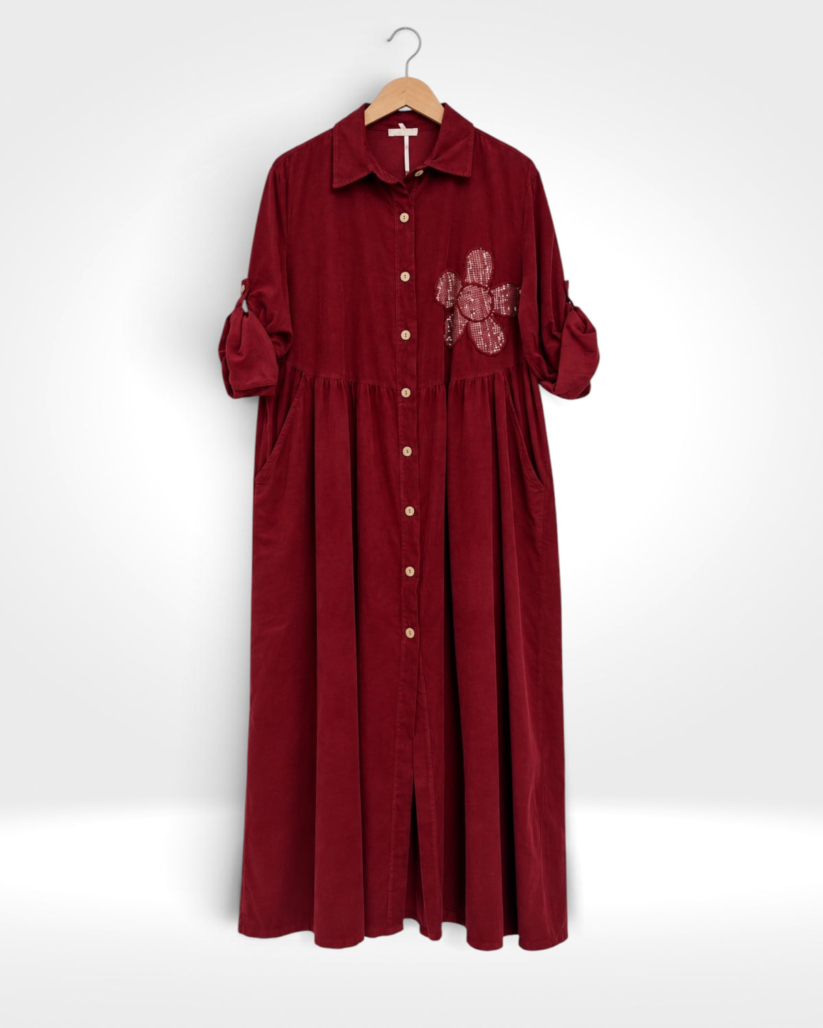 Fiore Sequin Flower Fine Cord Maxi Shirt Dress