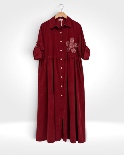 Fiore Sequin Flower Fine Cord Maxi Shirt Dress
