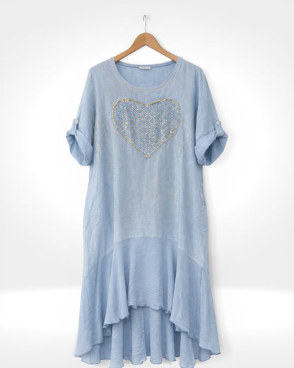 Linen Sequin Heart Hi-Low Dress