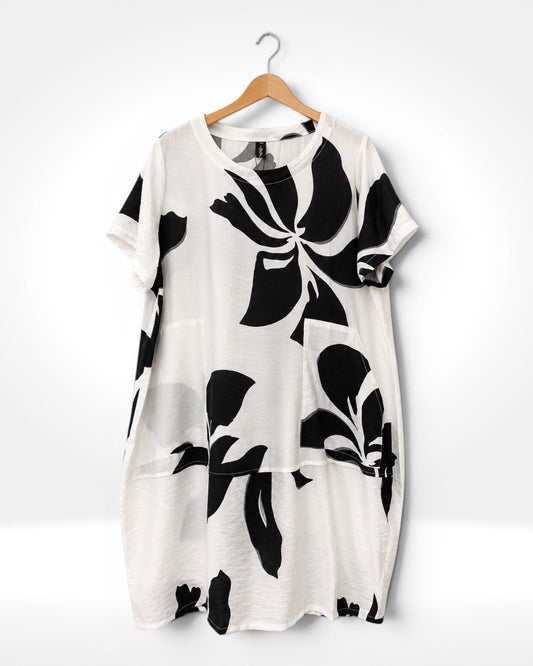 Monochrome Bloom Tunic Dress (Bella Blue)