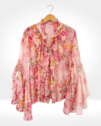 Vintage Bloom Ruffle Front Blouse