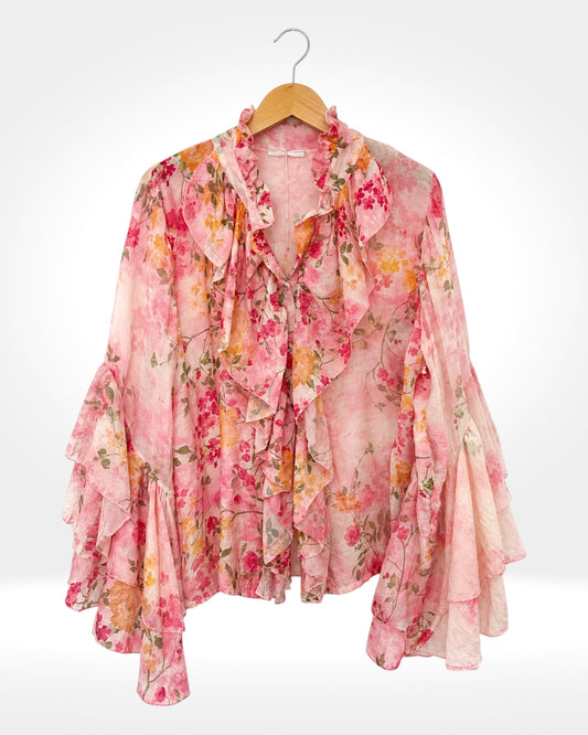 Vintage Bloom Ruffle Front Blouse