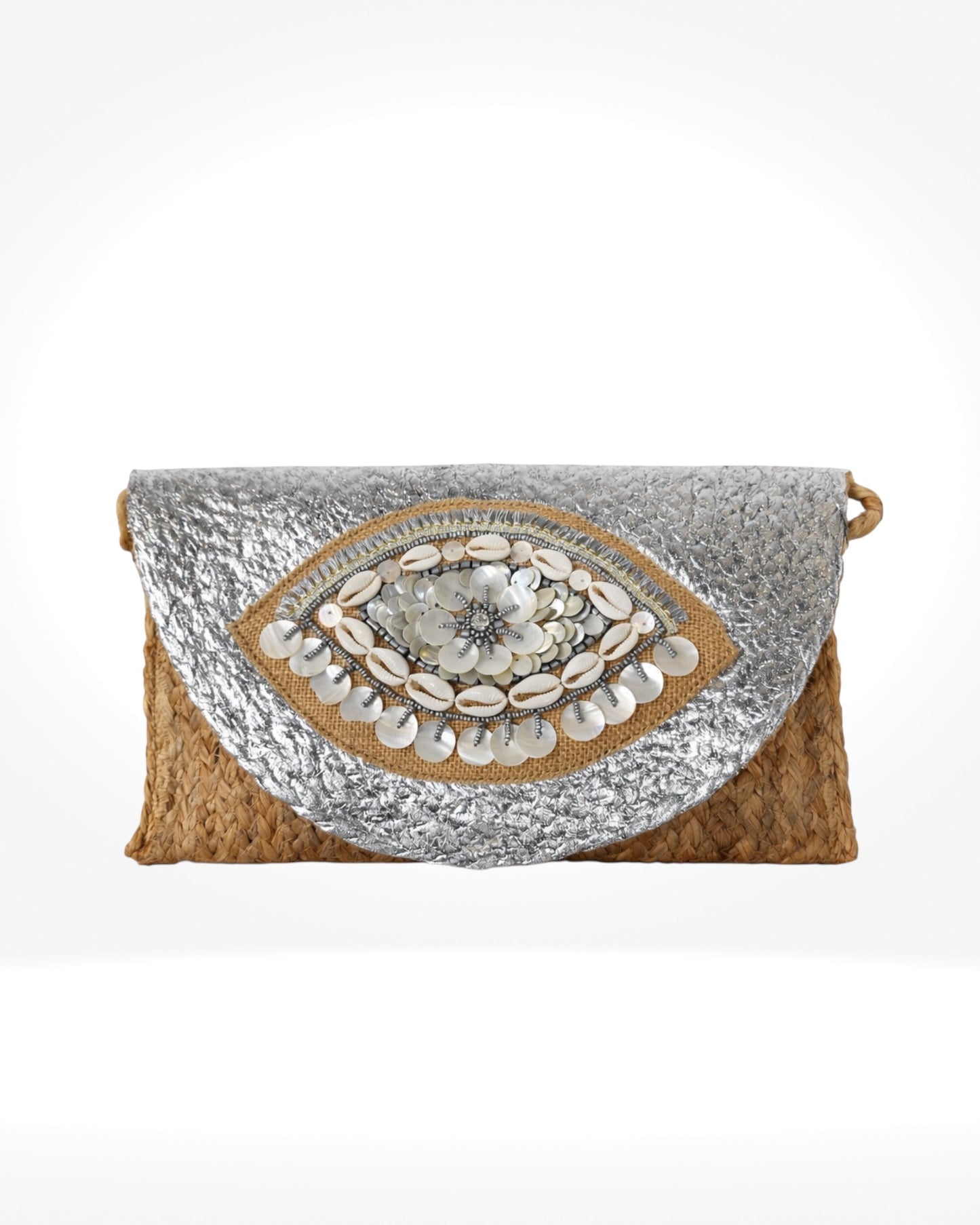 Silver Shell Eye Woven Clutch Bag