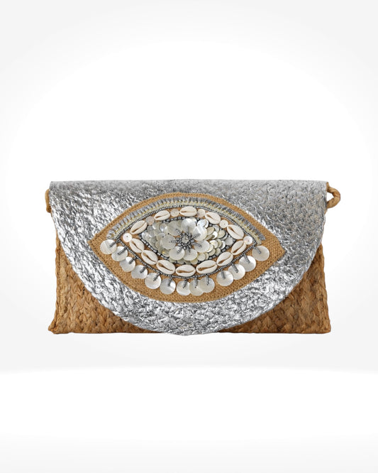 Silver Shell Eye Woven Clutch Bag