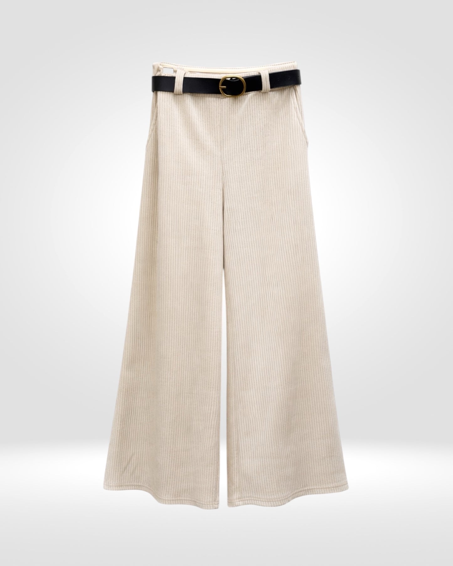 Cream Ribbed Wide-Leg Trousers