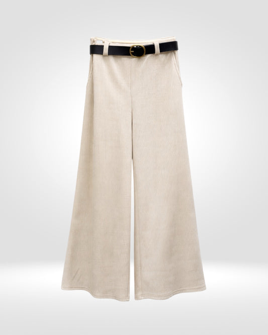 Cream Ribbed Wide-Leg Trousers