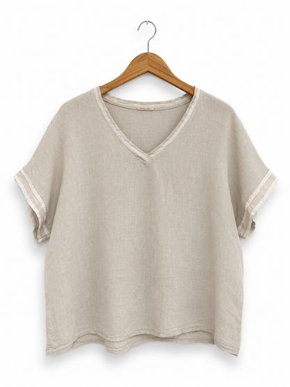 Stripe Trim Linen Top