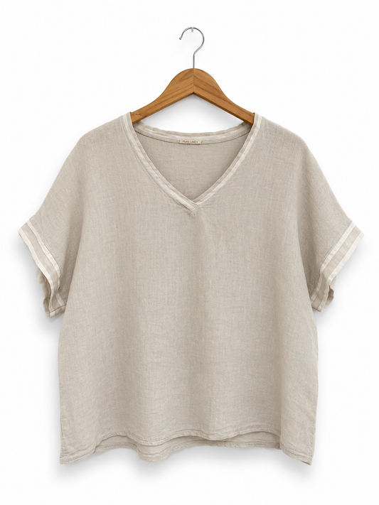 Stripe Trim Linen Top