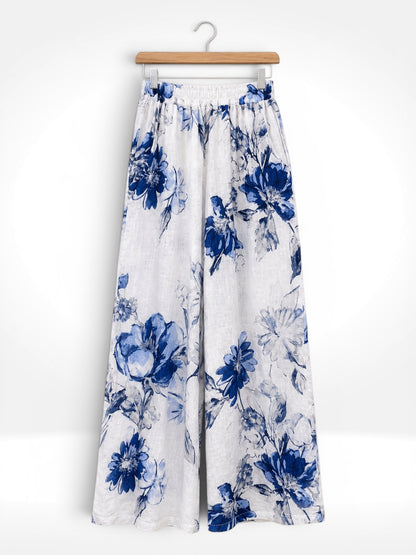 Italian Blue Blossom Linen Wide-Leg Trousers