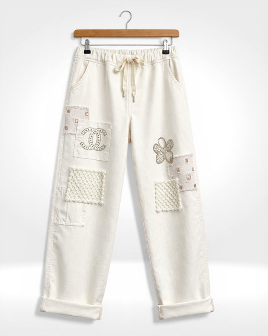 White Cotton Patch Trousers
