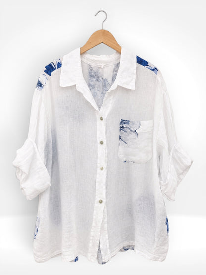 Italian Blue Blossom Linen Shirt