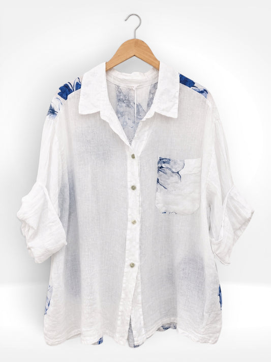 Italian Blue Blossom Linen Shirt
