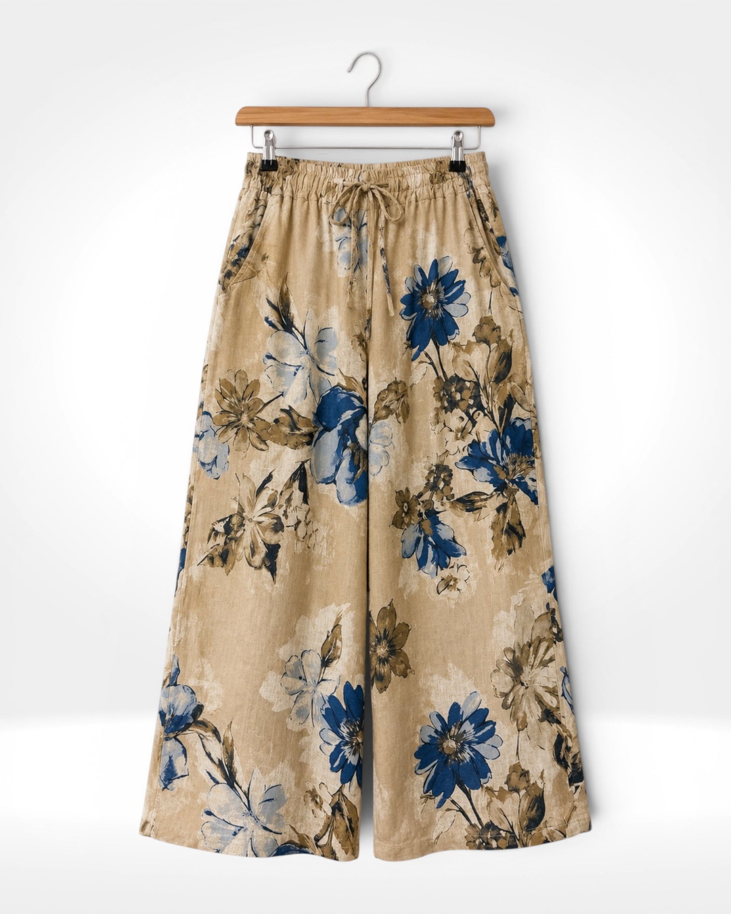 Italian Blue Blossom Linen Wide-Leg Trousers