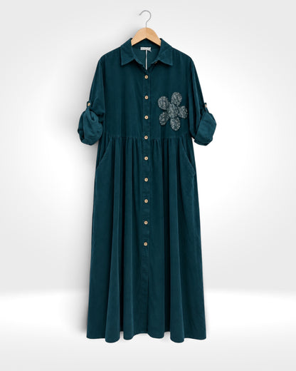 Fiore Sequin Flower Fine Cord Maxi Shirt Dress