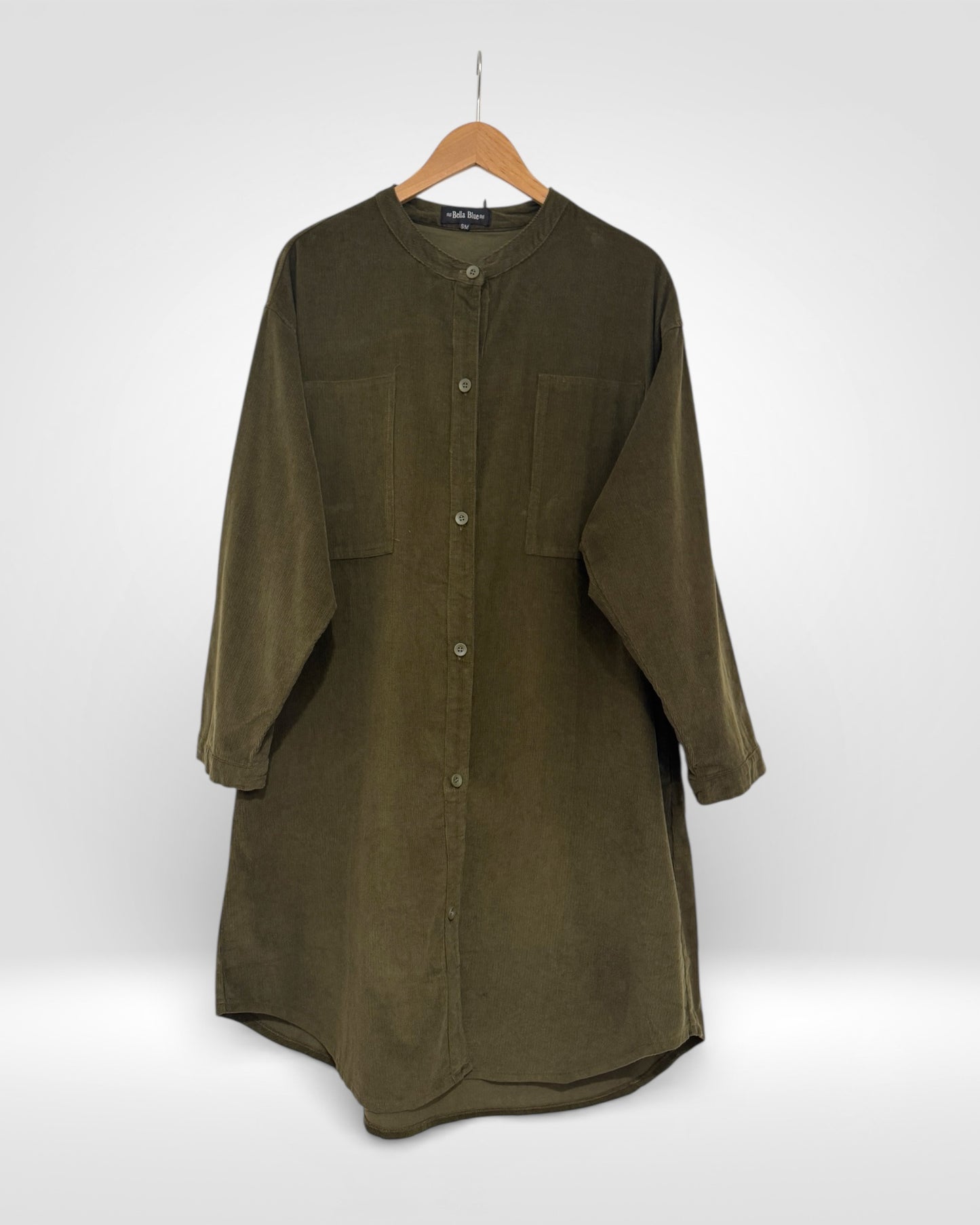 Olive Cotton Corduroy Collarless Shirt Dress (Bella Blue)