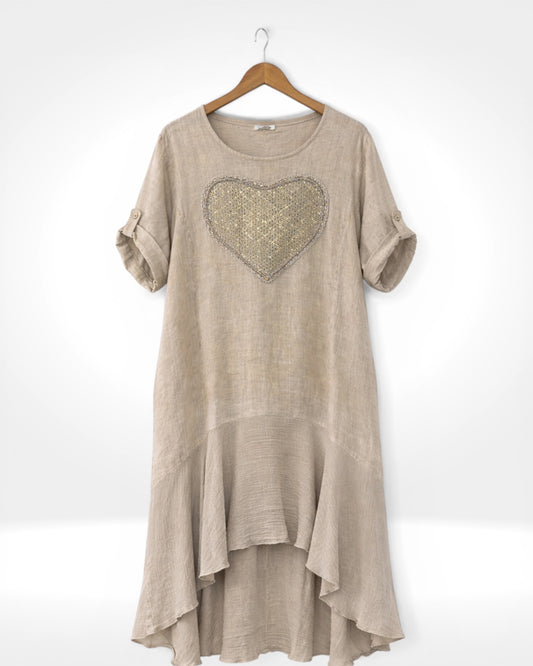Linen Sequin Heart Hi-Low Dress