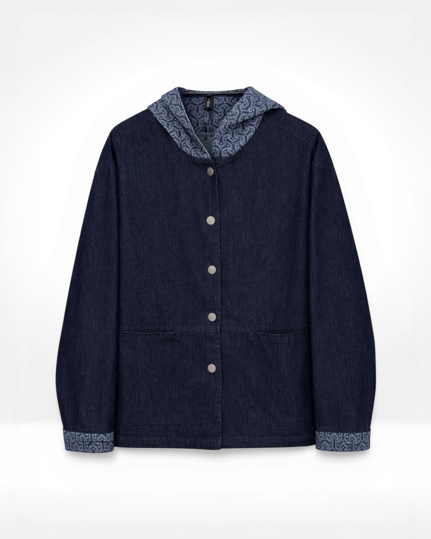 Indigo Pattern Trim Hooded Denim Jacket (Bella Blue)