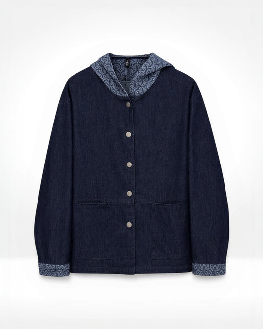 Indigo Pattern Trim Hooded Denim Jacket (Bella Blue)