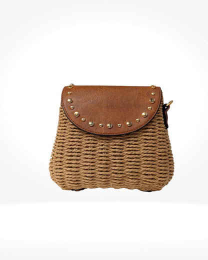 Natural Woven Stud Detail Crossbody Bag