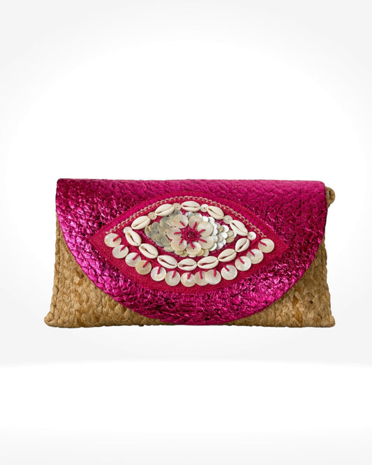 Pink Shell Eye Woven Clutch Bag